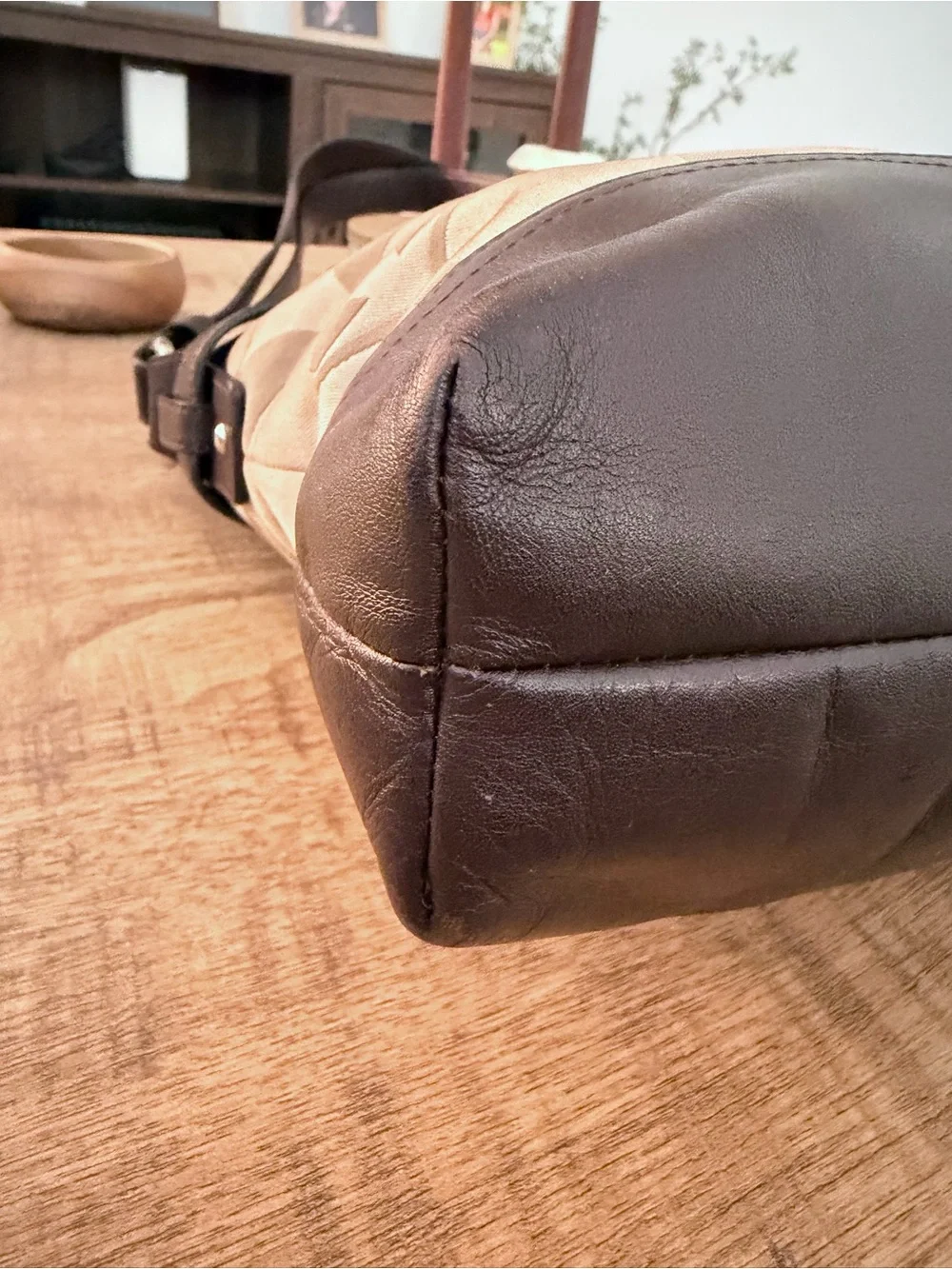 Y2K Aesthetic Coach Beige Signature Sateen Shoulder Bag with Brown Leather Trim